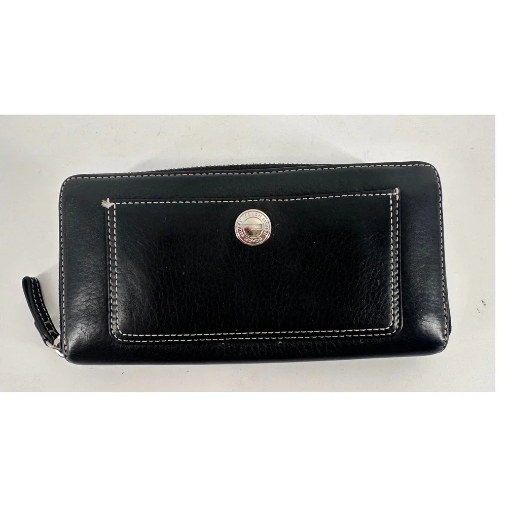 Coach‎ Black Leather Zip Around Wallet Purple Inside White Stitching Long Clutch